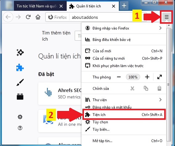 Thứ tự các bước vào trình quản lý tiện ích mở rộng trên Chrome và FireFox