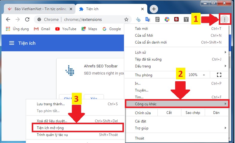 Thứ tự các bước vào trình quản lý tiện ích mở rộng trên Chrome và FireFox