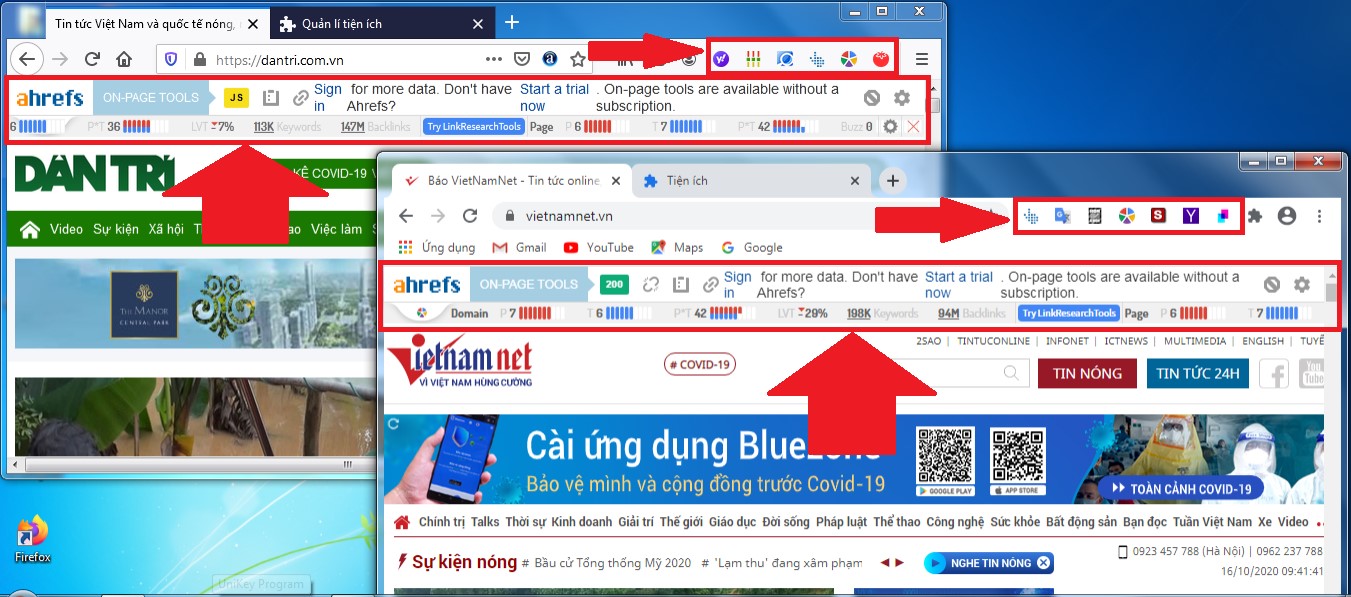 Các tiện ích mở rộng đã cài đặt trong Chrome, FireFox